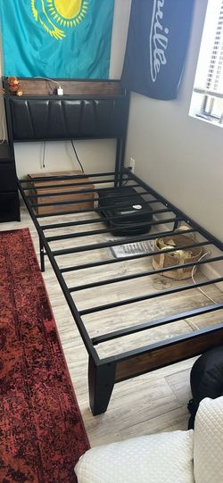 Twin XL Metal Bed Frame with Storage Headboard and Charging Station