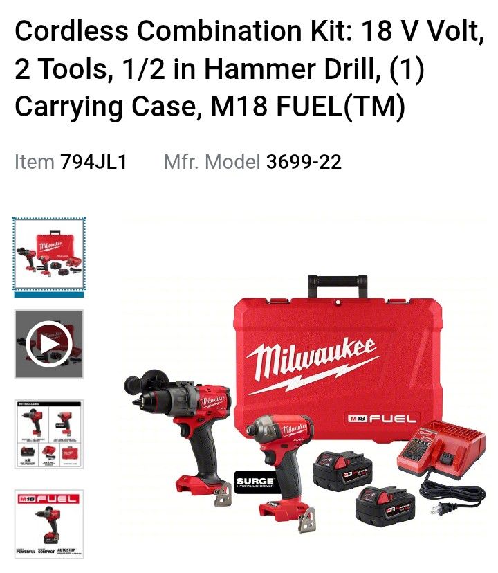 Milwaukee Cordless Combination Kit 1/2 Hammer Drill 