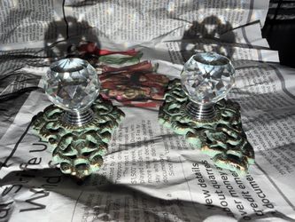Unique Vintage Cast Iron Crystal Glass Cabinet Handle Pull Knob set of 2