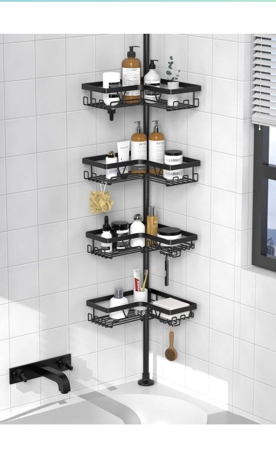 KEGII Corner Shower Caddy Tension Pole - Shower Tension Rod Organizer, Floor to Ceiling Shower Caddy 25-114.2 inch, Towel Rack Corner Waterproof, Blac