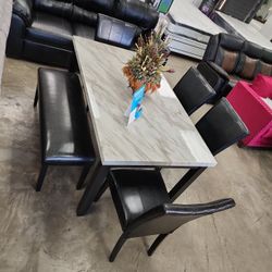 Dining Table 4 Chairs And Bench Marble Faux 