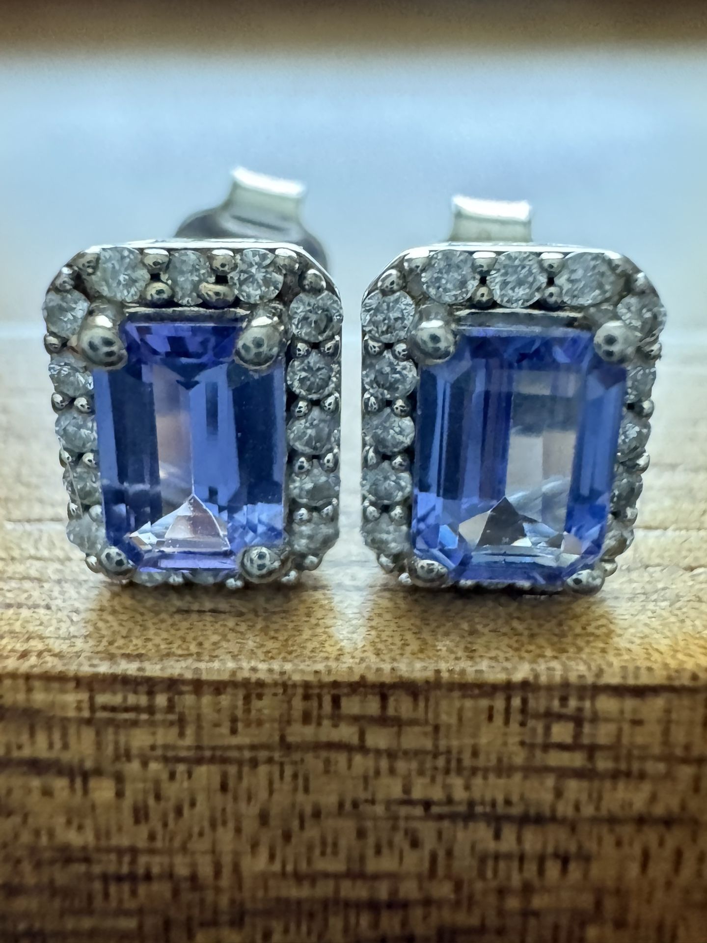 Sterling Silver ~5.5x3.5mm Tanzanite & Diamond Halo Stud Earrings