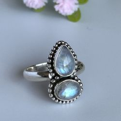 Rainbow Moonstone 💍 925 Sterling Silver Ring (Size 8) 