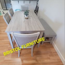 🍀 Dining Set 6 Pc, Light Gray Color,  Wood And Fabric Upholstered Chairs, New In The Box.