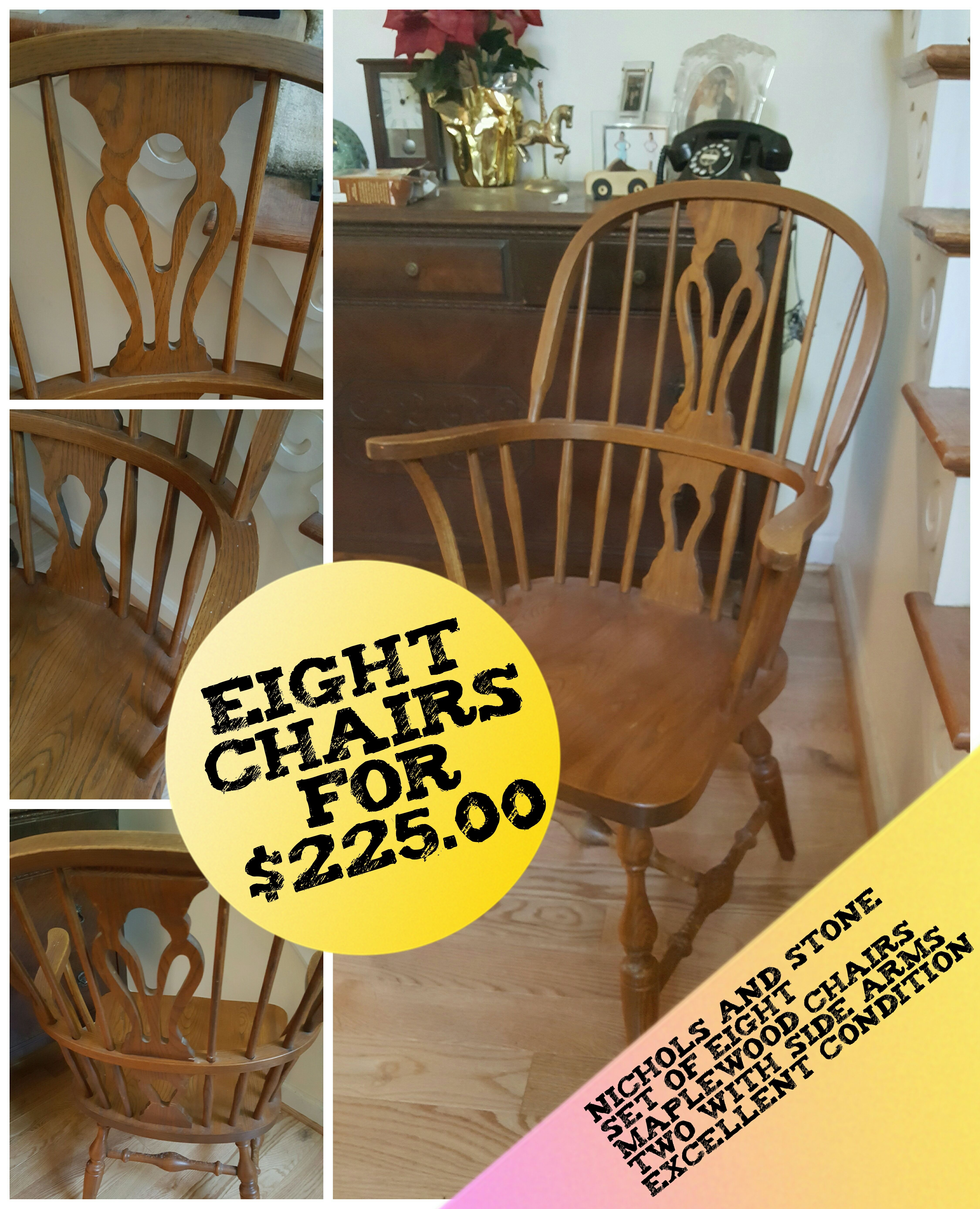 Furniture Set of Eight Maplewood Chairs TV stand Antique child's desk