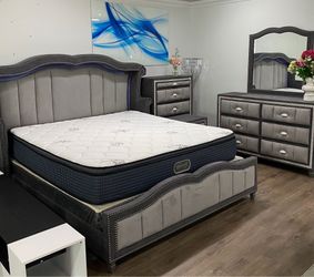 Soft Fabric Bed Set with Dresser - nightstand- chest and mirror - available in kind or queen - SAME DAY DELIVERY - $0 money down
