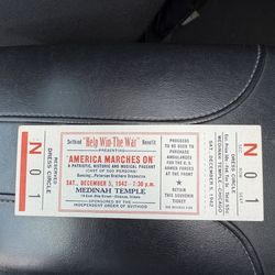 ticket for a patriotic pageant titled "America Marches On," held at the Medinah Temple in Chicago on December 5, 1942