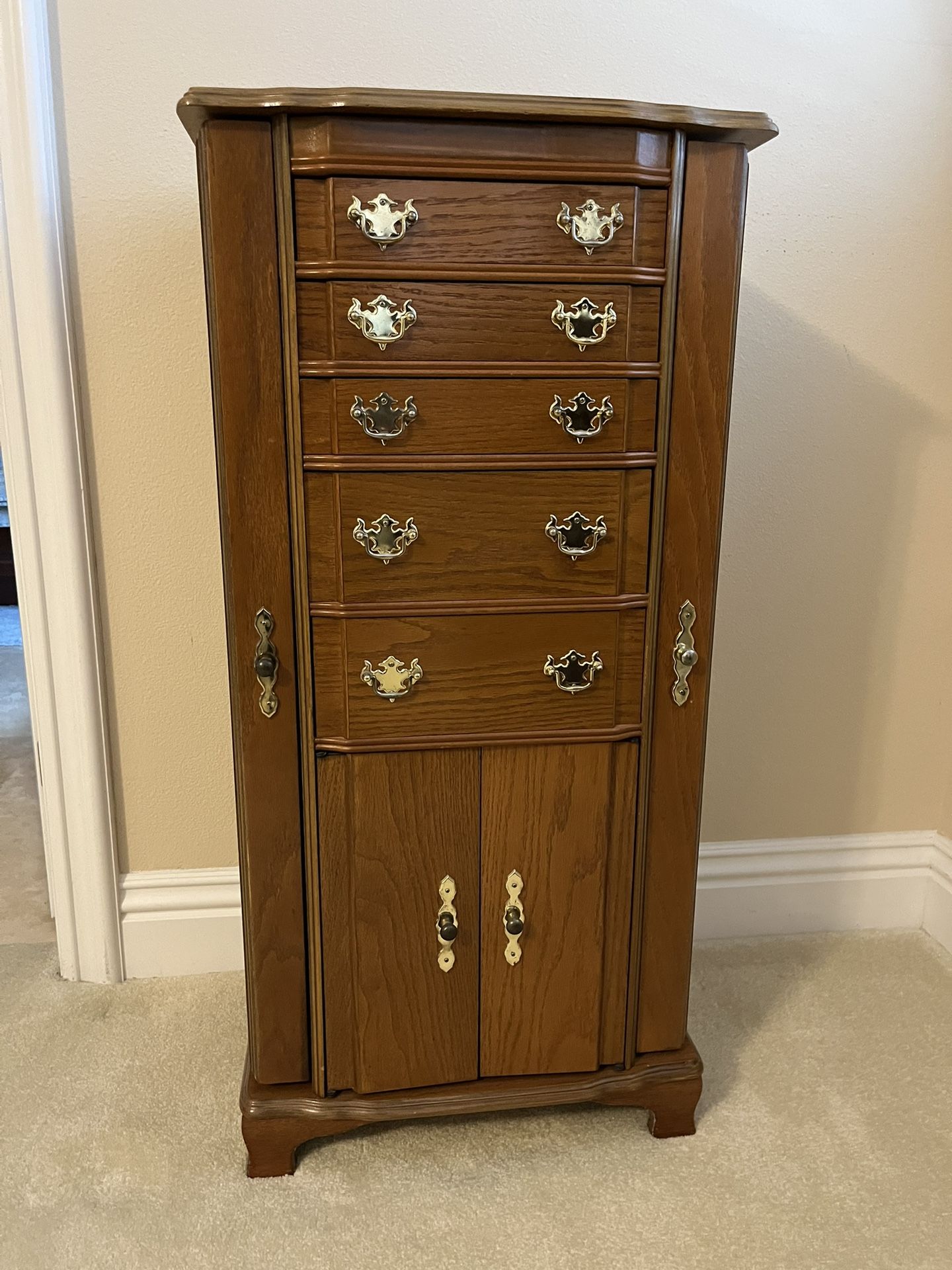 Vintage Hardwood Standing Jewelry Armoire. Walnut. 40”h x 19”w x 15”d