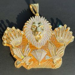 10k solid yellow gold Moissanite Lion King Crown Big Boy Pendant Charm