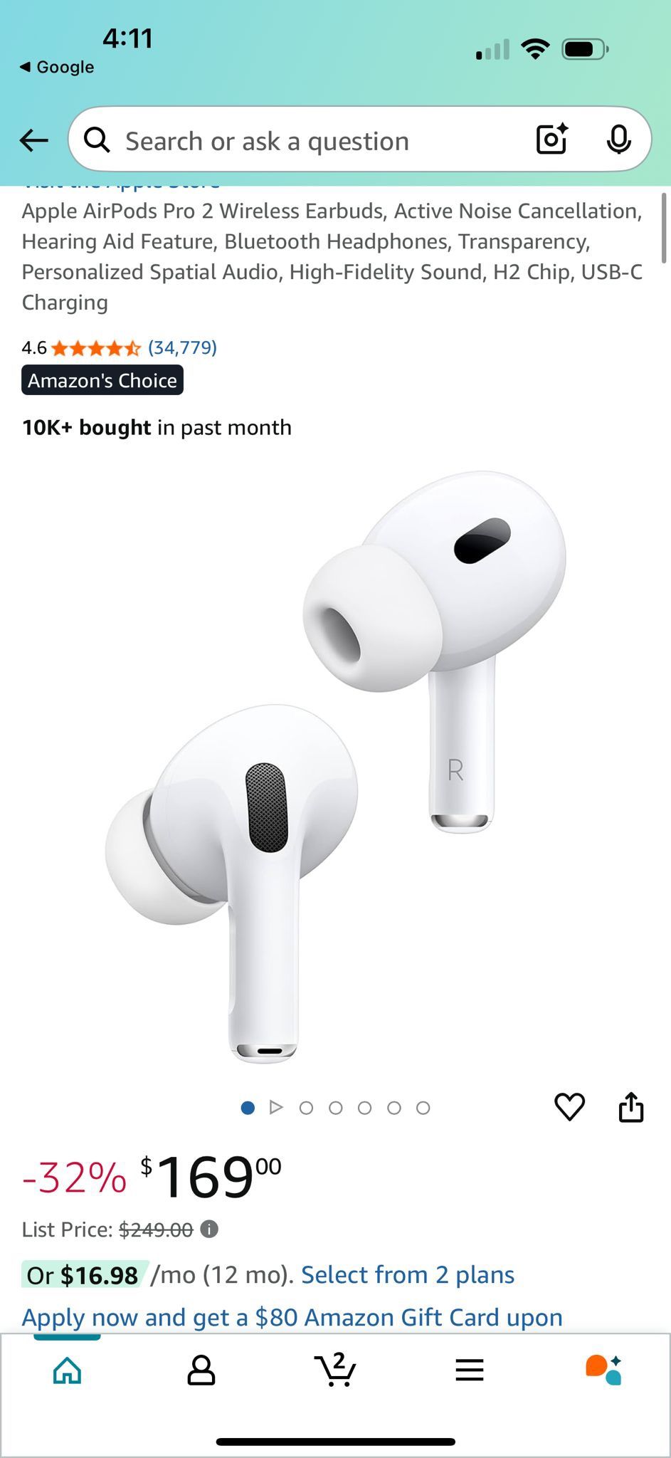 Apple AirPods Pro Wireless Earbuds, Active Noise Cancellation