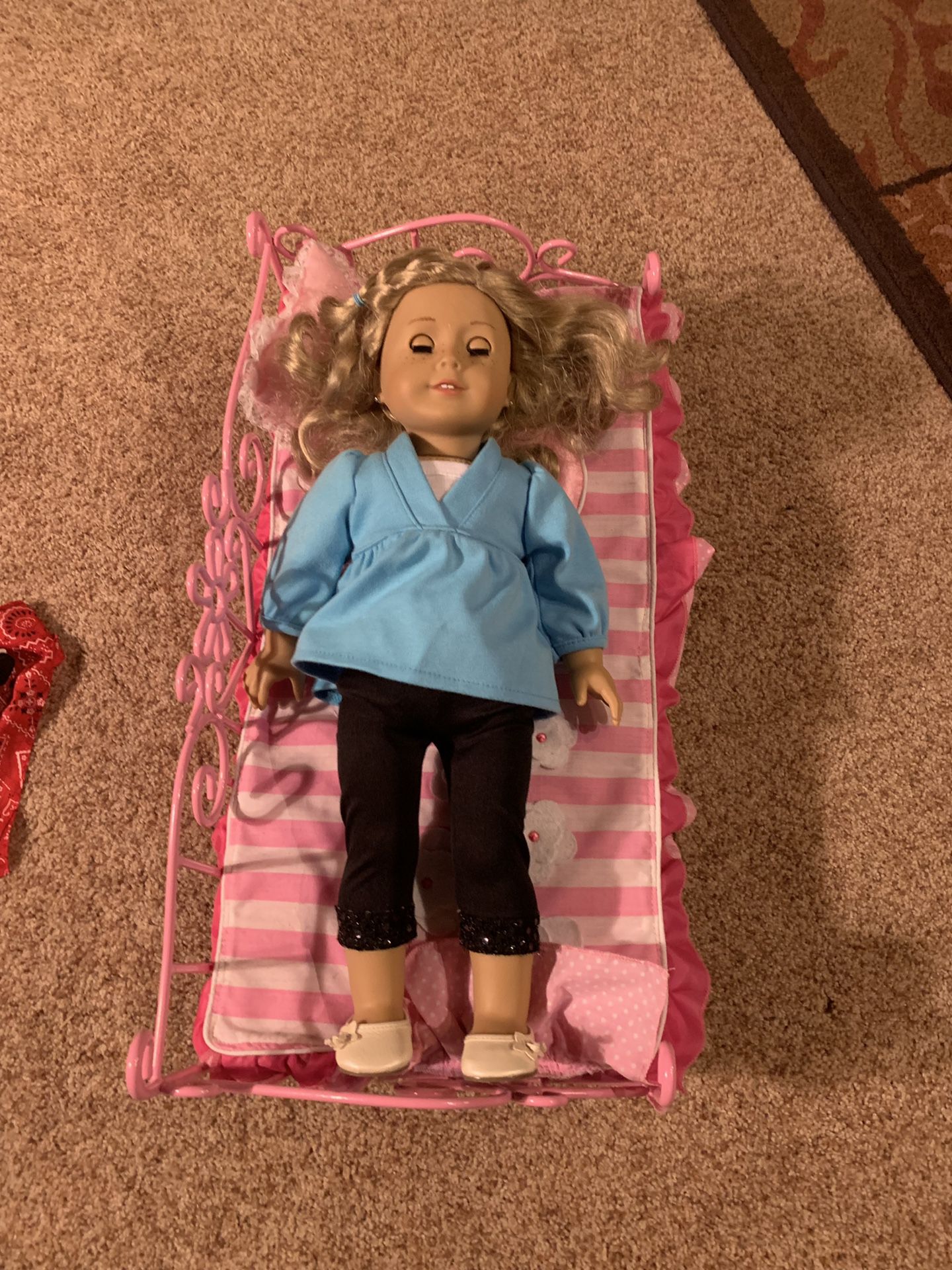 American Girl Doll, bed, dog, bag, outfits, and accessories