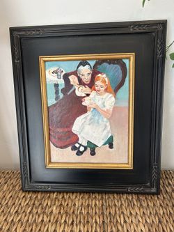 Vintage After Norman Rockwell "The Handkerchiefs" Framed Hand-Painted Oil Wall Hanging Artwork
