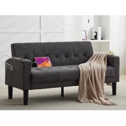 62 Inch Linen Upholstered Tufted Mid-Century Modern Loveseat Sofa w/ 2 USB Charger Ports and 2 Cupholders, Small Love Seat Couches for Living Room, Be
