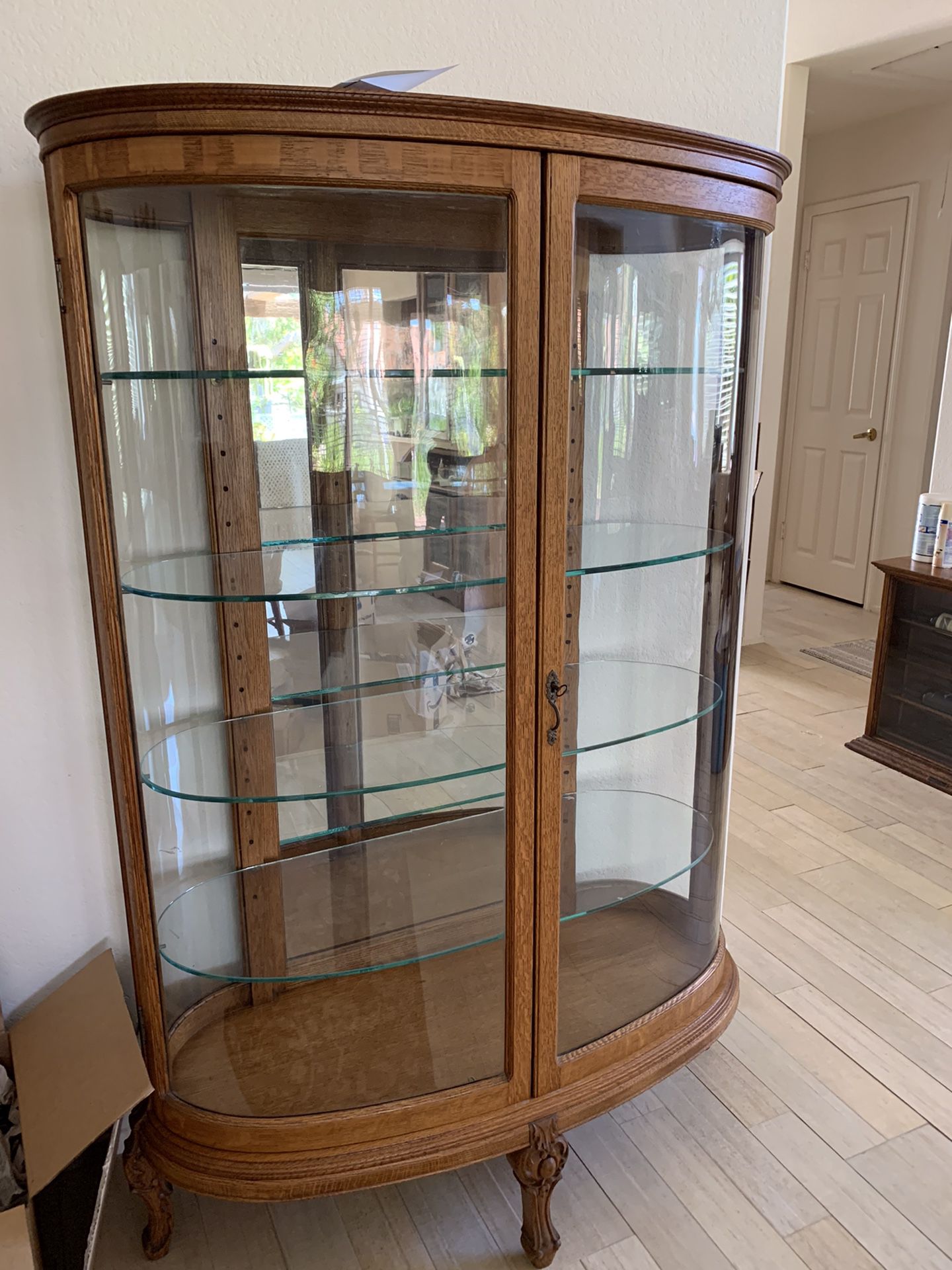 Curved glass antique oak curio cabinet