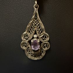 Vintage Art Deco Style Sterling Silver Amethyst Filigree Pendant Necklace