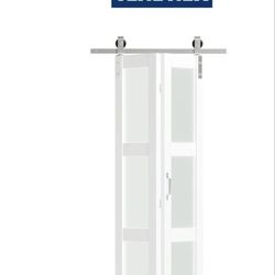 TENONER White MDF 3-Lite Frosted Glass Bi-Fold Sliding Barn Door for Pantry, Closet, Bedroom -