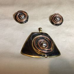 Tri-Tone Modernist Pendant & Earrings 