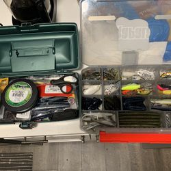 Tackle boxes + lures hooks weights scissors multi tool pliers and line