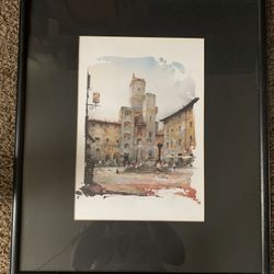 Framed and Signed Watercolor Print Piazza della Cisterna in San Gimignano