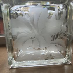 Glass Block Vase Hibiscus Etched Flower Vintage