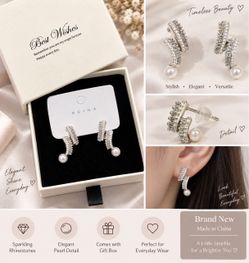 Brand New Silver Rhinestone Pearl Earrings with Gift Box