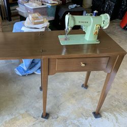 Vintage 1960’s Singer Sewing Machine 185K3 (mint green)with Cabinet, Foot Pedal, Buttonholer, Instruction Booklets