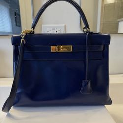 Hermes Vintage Box Kelly Retourne 32 Bag Blue Sapphire
