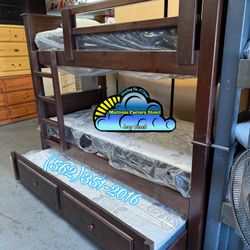 Triple Brown Bunk Bed With Mattresses Trundle New Cama 