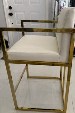 Title: 2  Modern White & Gold Bar Stools with Armrests