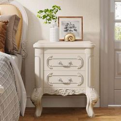 White Nightstand, End Table with 2 Drawers, Carved Bedside Tables, Side Table for Bedroom, Classic Bedroom Furniture, Night Stand White