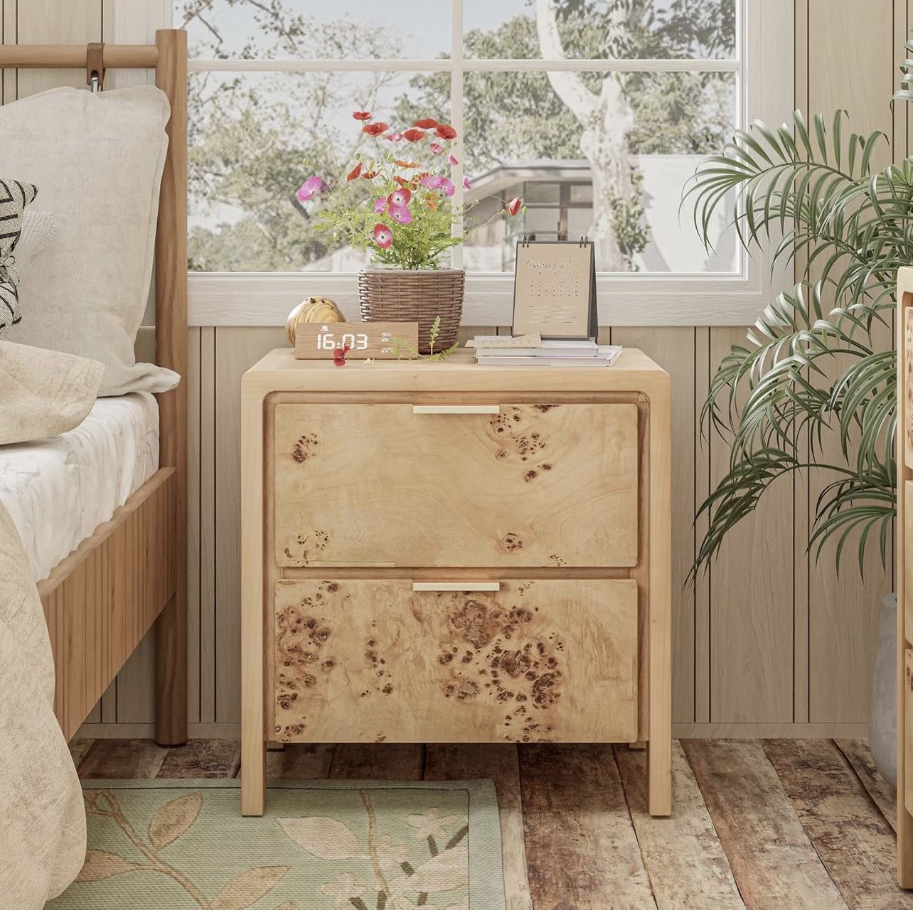 Fully Assembled Farmhouse Nightstand with Drawer, Distressed Wood Retro Accent Bedside Table, Small Nightstand Organizer, Mid Century Modern End Table