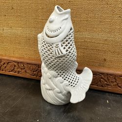 Blanc De Chine Chinese Koi Carp Sculptural Vase Articulate Porcelain 