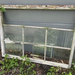 Old Wooden Window Frame with Glass Panels