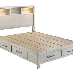 Brand New Antique White Queen Storage Bedframe With 6 Drawers And LED Light