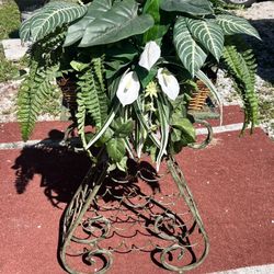 Vintage Metal Plant Stand/ Wine Rack With Artificial Plant