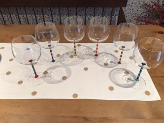 (6) hand blown, multicolored stem, red wine glasses