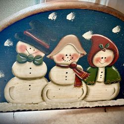Vintage hand painted Wooden Snowman Plaque With Hooks