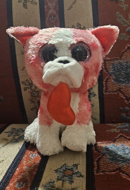 VALENTINES  DAY  PINK & WHITE BULLDOG PUPPY DOG W/ RED HEART  IN MOUTH  PLUSH  TOY 