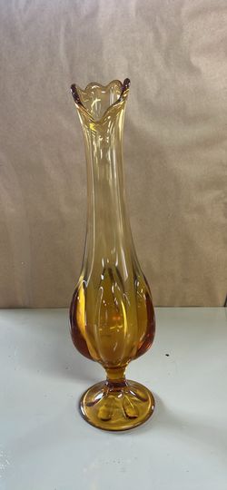 Vintage MCM Viking Swung Glass Vase 16” Epic 6 Petal Footed Amber