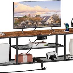 Furologee TV Stand with Power Outlets for 65 70 inch TV, Entertainment Center with Open Storage Shelves, Long 63'' TV Media Console Table with Soundba