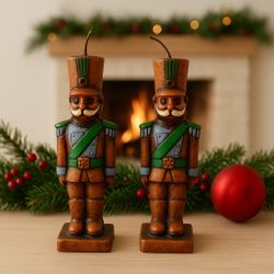 Vintage 1984 2 Nutcracker Soldier Brown Wax Candles Hand-Painted, 6.75”
