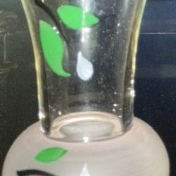 2 Vintage 4" Clear and frosted Glass Bud Vases / Handpainted flower / Gold trim 