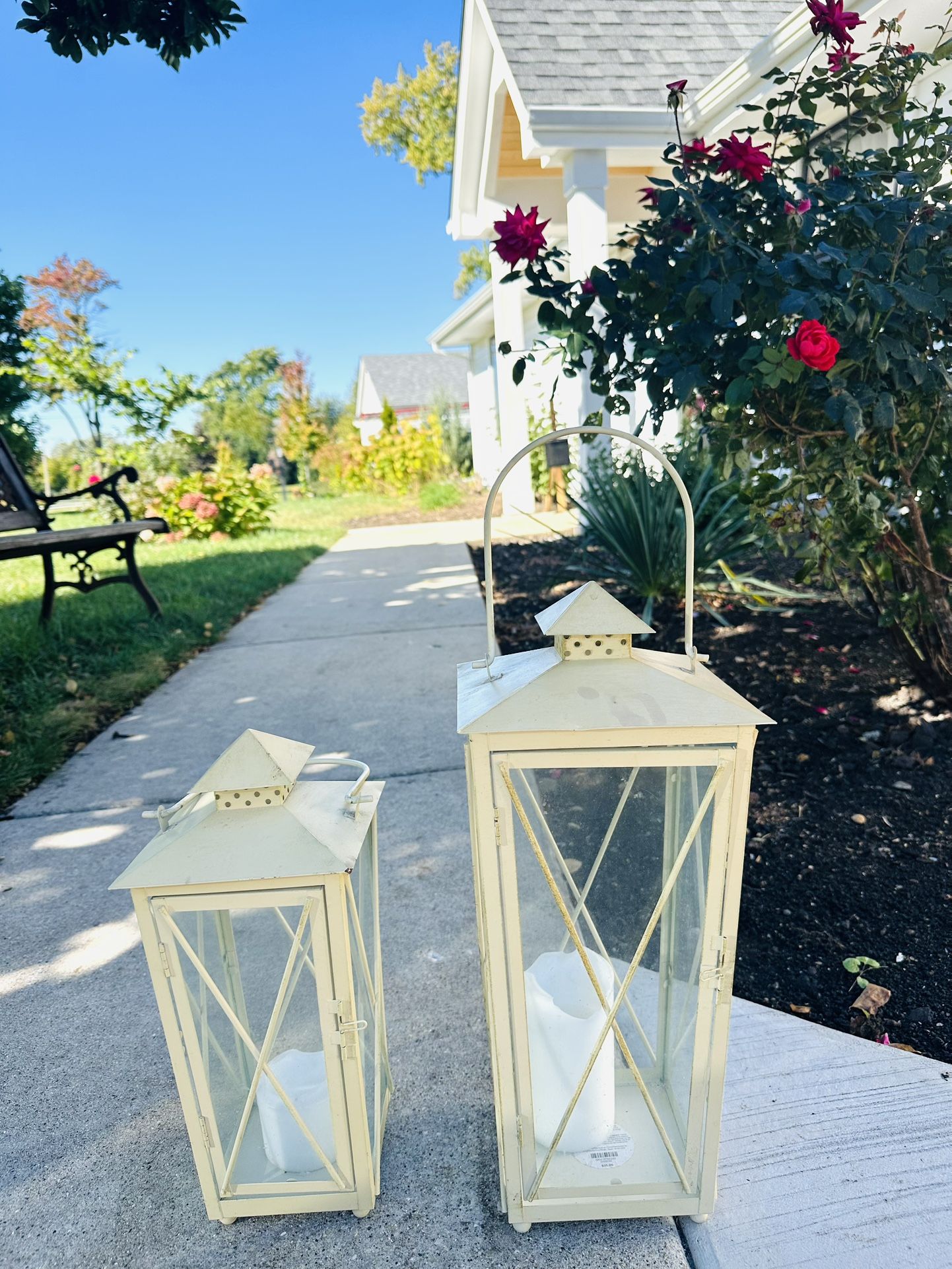 2 Metal/ Glass Lanterns, Size Bigger Lantern 18.5/7.5 and Smaller 14.5/6.5 $25 for both 