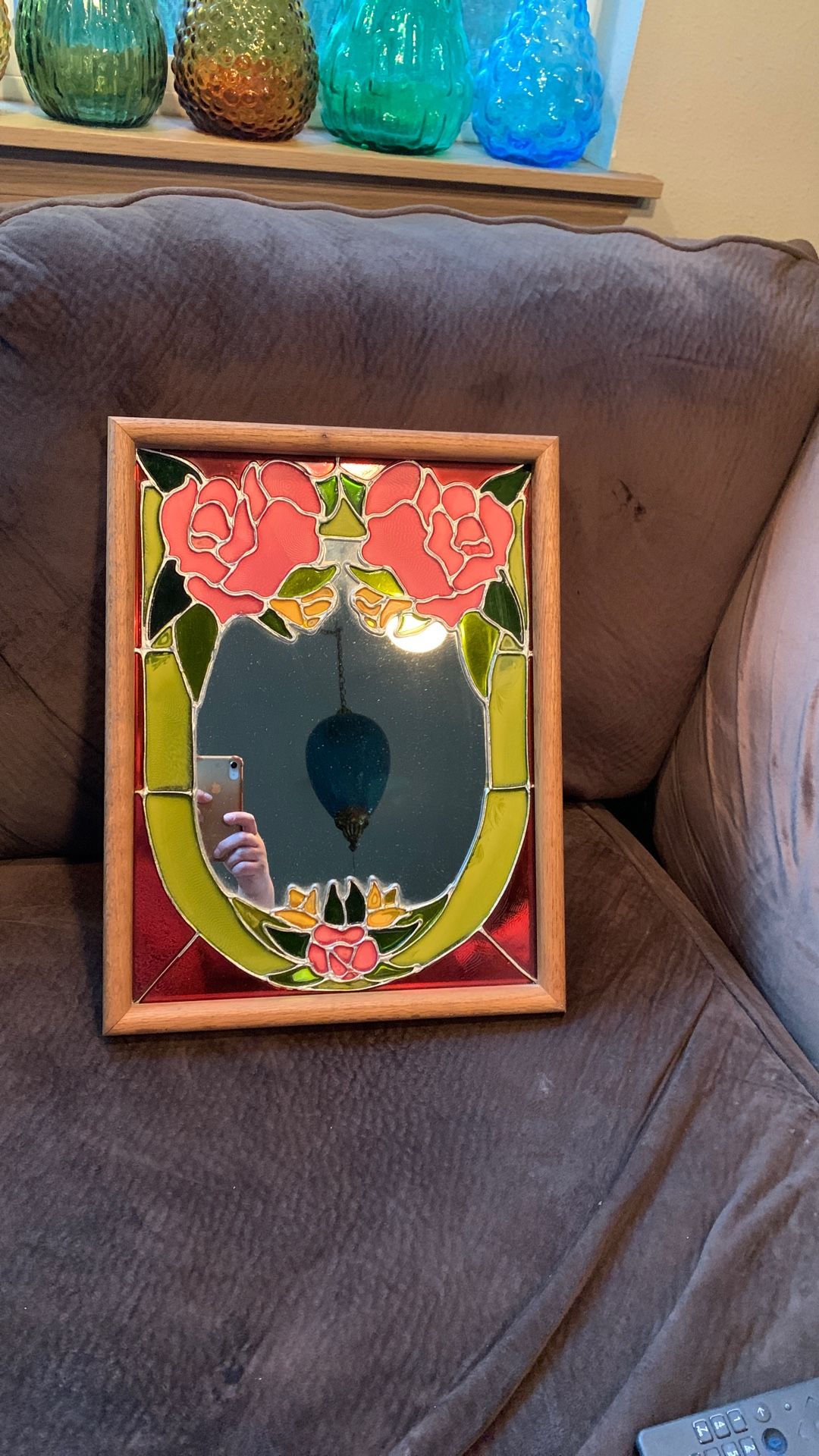 Vintage Stained Glass Mirror / Retro Home Decor / Parlor Looking Glass / Rose