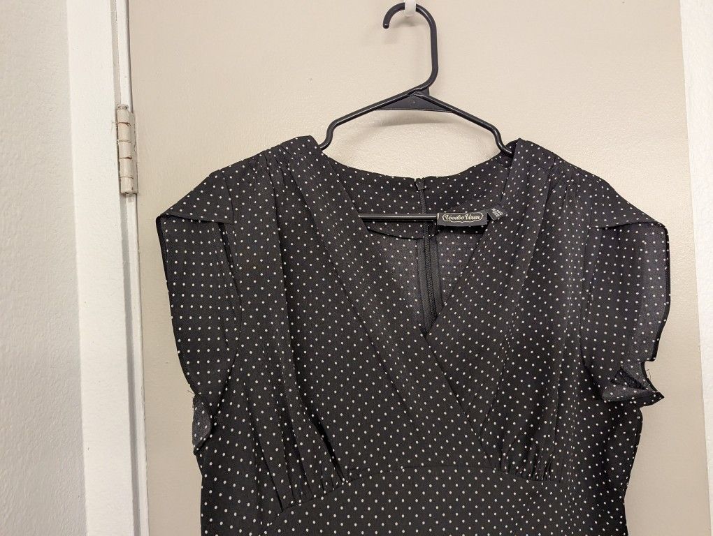 Voodoo Vixen rockabilly vintage black and white polka dot midi dress UK 14 US 10 EU 42