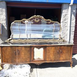 Antique 1920S 8 Foot Long Glass Top Hall Table With  Top Mirror Vanity. Needs Some Restoration. Read Description.