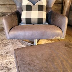 West Elm genuine leather swivel chair with ottoman
