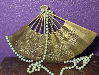 1 Vintage Solid Brass Oriental Style Hand Fan Raised Phoenix Dragon
