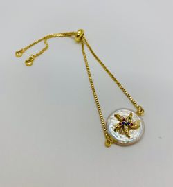 14K Gold Plated With Cubic Zirconia StarFish Bracelet Adjustable