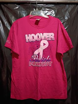 Vibrant pink short sleeve crew neck t shirt featuring a breast cancer awareness design. Size Large.